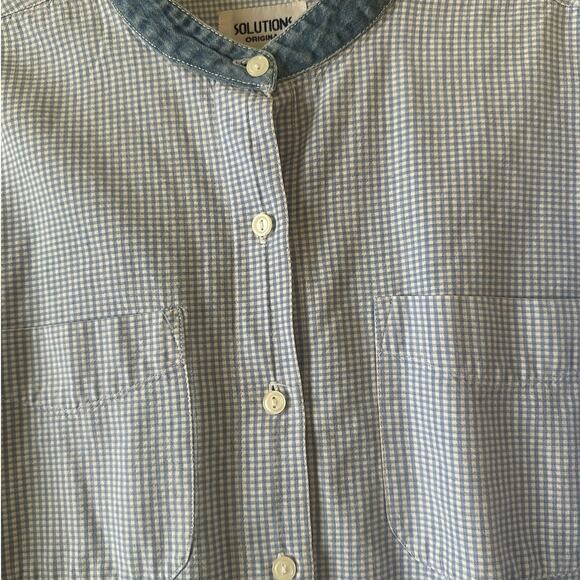 Vintage Solutions Original Button Down Size L Gingham Denim Band Collar 90's - Picture 3 of 11